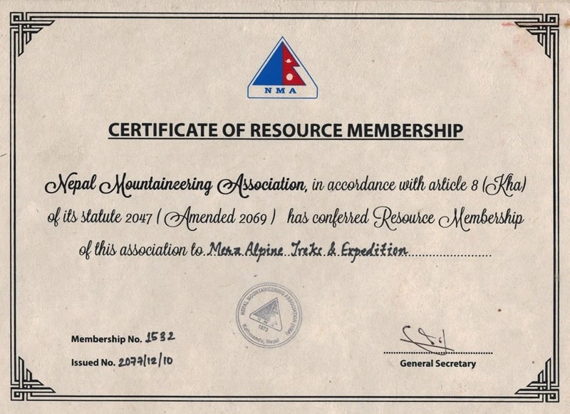 Certificate of Nepal Mountaineering Association (NMA)